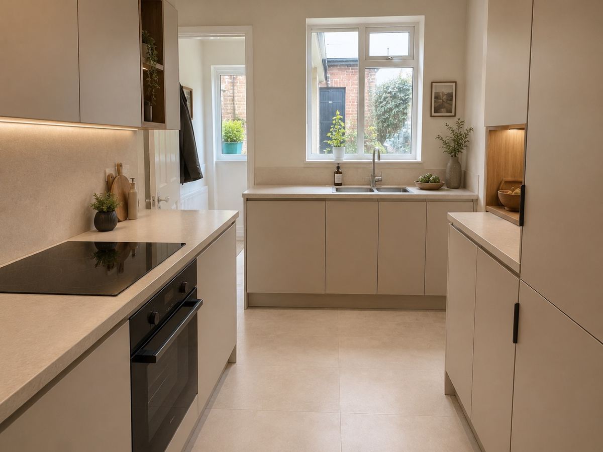 Warm minimalist kitchen with matte mushroom flat-front cabinets, smoked-oak fridge housing, integrated appliances, a quartz worktop and large-format stone-look floor.