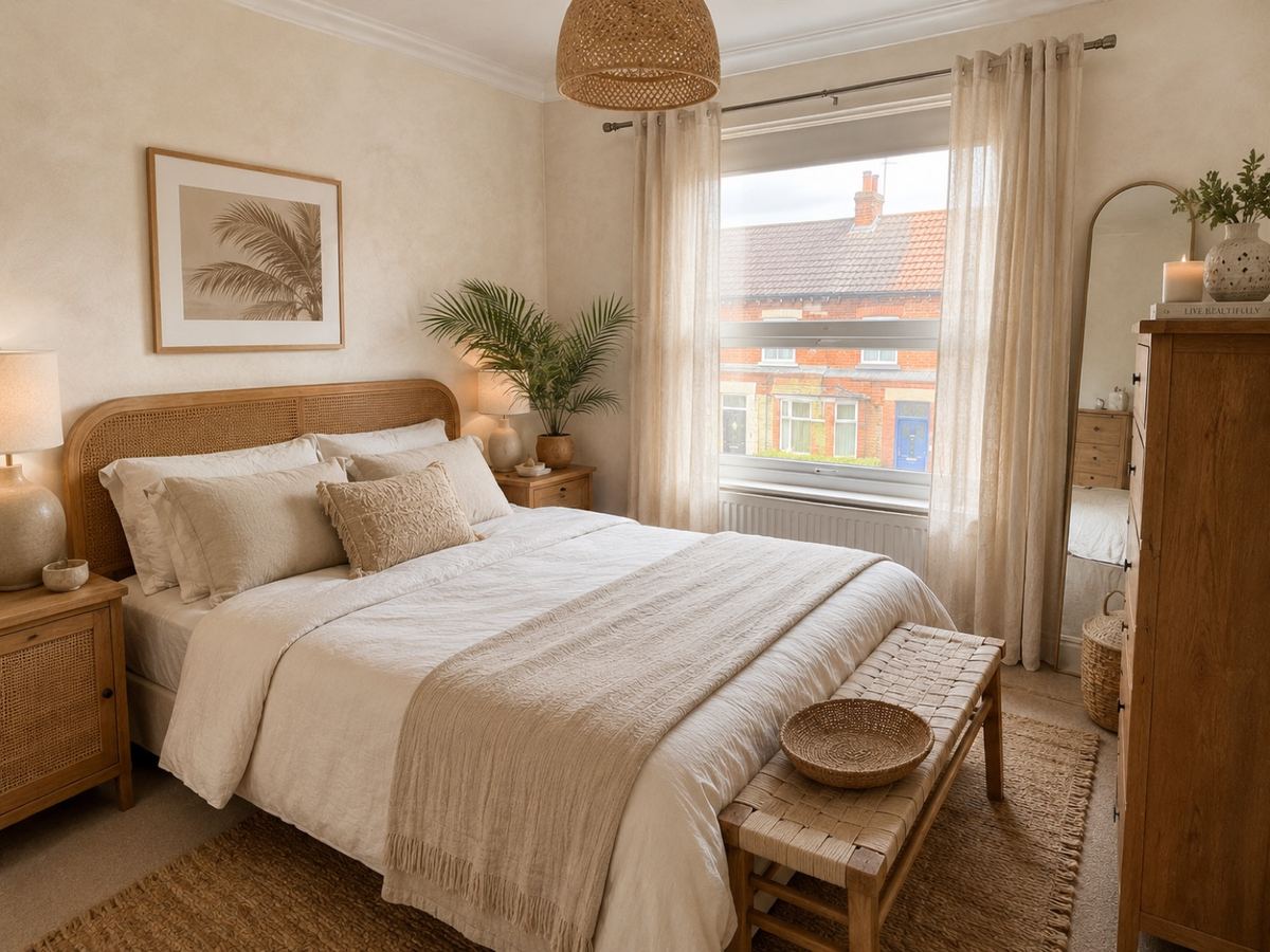 Bedroom makeover with creamy walls, a curved cane headboard, woven bedside cabinet, linen curtains and a textured jute rug.