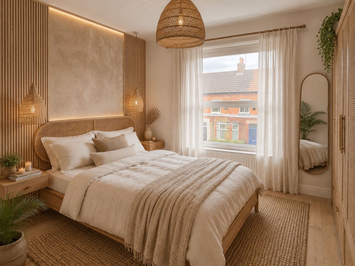 Bedroom remodel with wood slat walls, textured plaster, a bespoke rattan bed, integrated cane-front wardrobes and warm resort-style lighting.