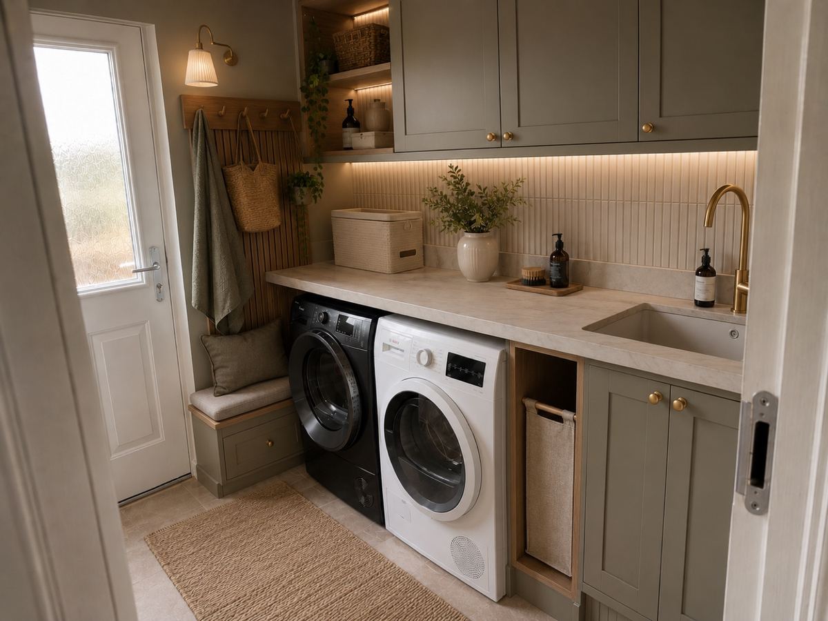 Bespoke utility room remodel with olive cabinetry, a light stone worktop, fluted backsplash tiles, oak detailing, brushed brass fittings and integrated lighting.